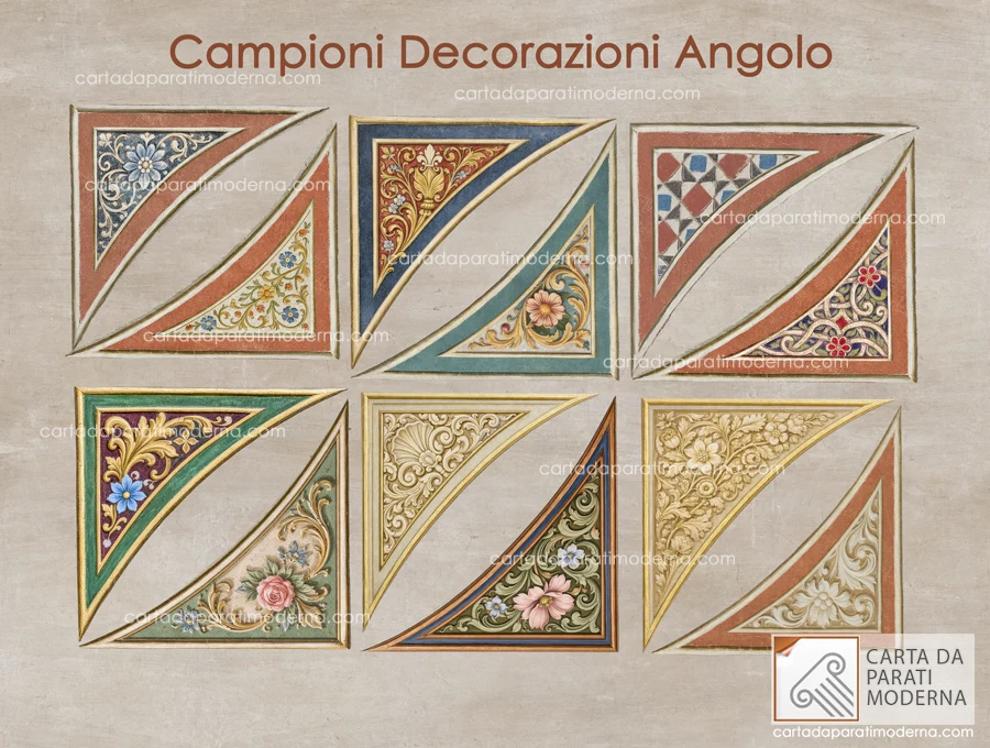 Campioni per la decorazione degli angoli, con scelta stilistica e motivi decorativi.