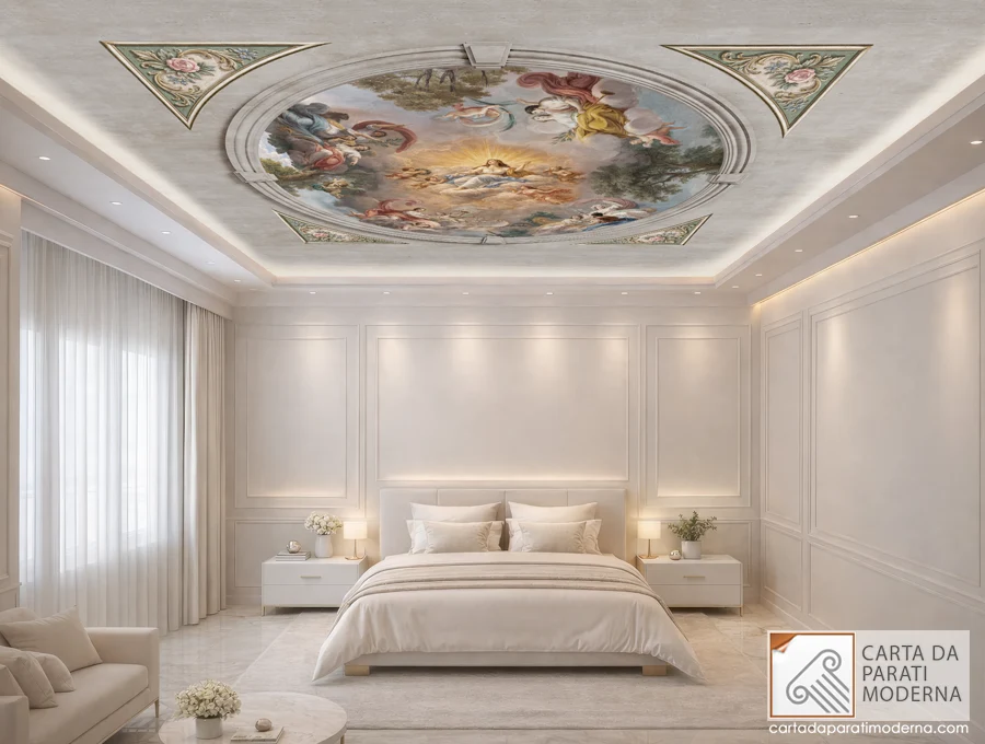 Ambientazione stanza da letto in un stile contemporaneo luxury, Affresco digitale a soffitto. Cornice rotonda.