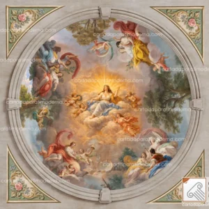 Affresco digitale a soffitto su carta da parati con cornicione rotondo.