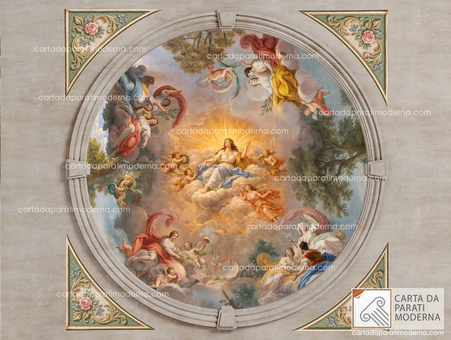 Affresco digitale a soffitto su carta da parati con cornicione rotondo.
