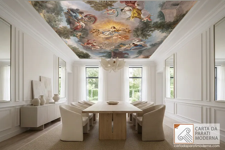 ambientazione in un sala da pranzo classica e moderna con affresco digitale a soffitto su carta da parati.