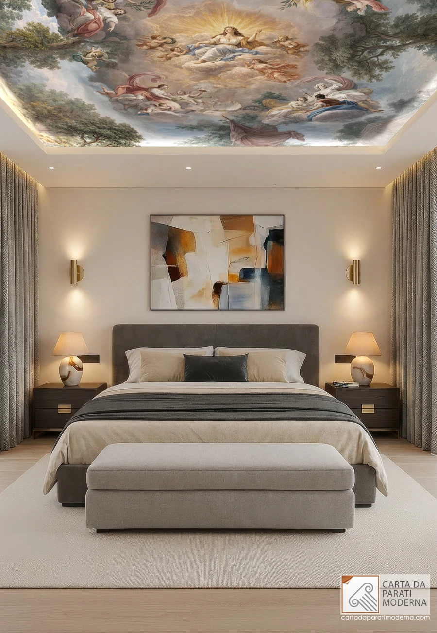 Carta da parati a soffitto raffigurante un affresco classico ambientata in una stanza da letto con controsoffitto con led