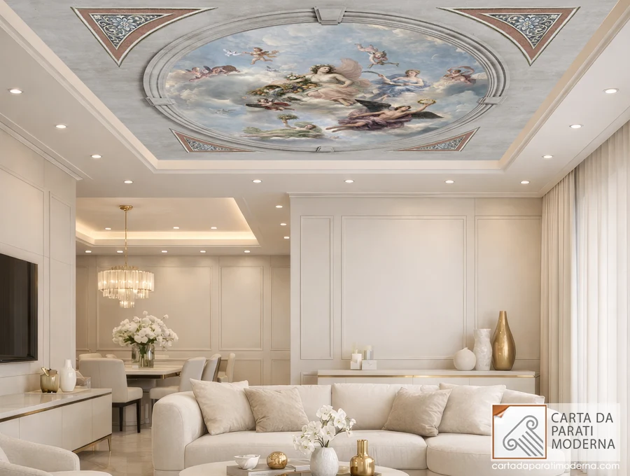Ambientazione in un interno contemporaneo luxury, Affresco digitale a soffitto. Cornice rotonda.