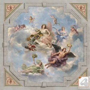 Affresco digitale classico a soffitto con dea della natura, corncie sagomata quadrata.