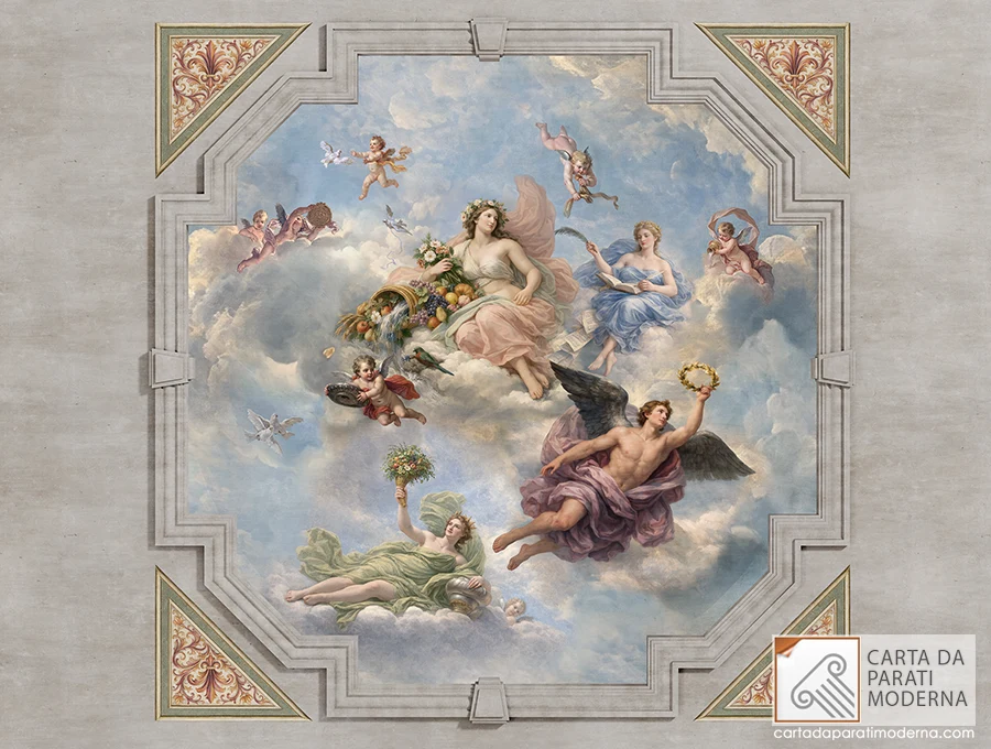 Affresco digitale classico a soffitto con dea della natura, corncie sagomata quadrata.