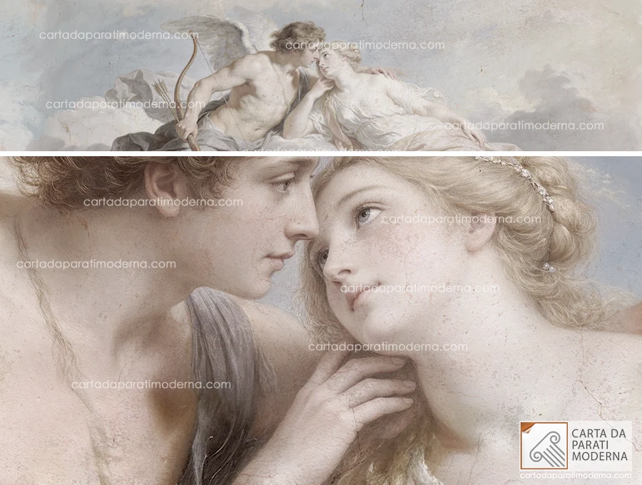 Affresco digitale raffigurante Eros e Psiche applicato a muro dietro la spalliera del letto particolare sul viso.
