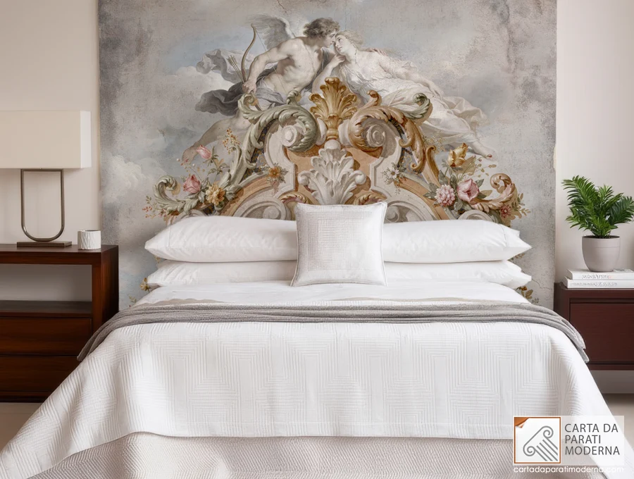 Affresco digitale raffigurante Eros e Psiche applicato a muro con decorazione affrescata