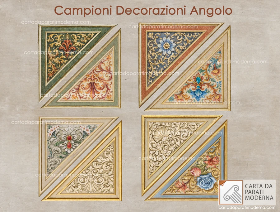 Campioni per la decorazione degli angoli, con scelta stilistica e motivi decorativi.