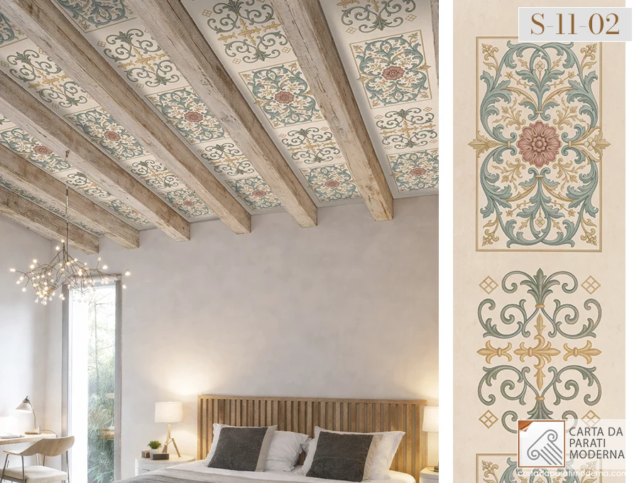 Affreso Digitale su Carta da Parati per Soffitti con Travi a Vista, ambiente moderno con travi bianche.