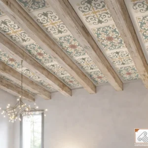 Affreso Digitale su Carta da Parati per Soffitti con Travi a Vista, ambiente moderno con travi bianche.