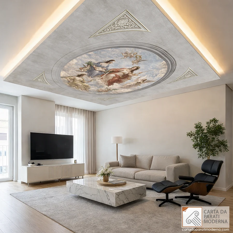 Ambientazione in un interno contemporaneo salotto moderno, Affresco digitale a soffitto.