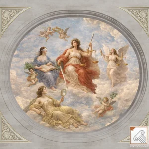 Allegoria della Giustizia Affresco digitale a soffitto su carta da parati con cornicione.