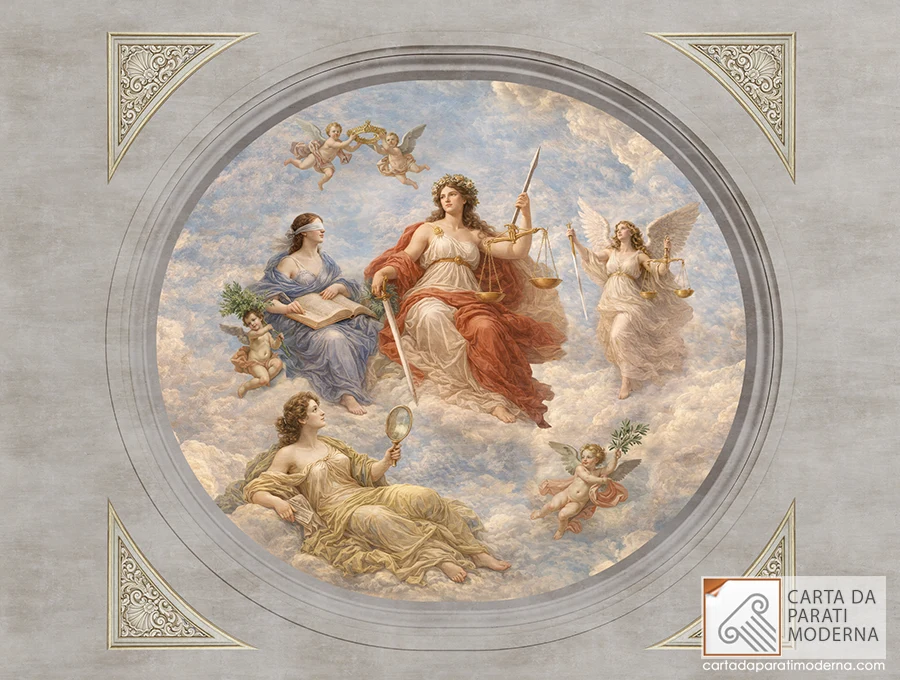 Allegoria della Giustizia Affresco digitale a soffitto su carta da parati con cornicione.