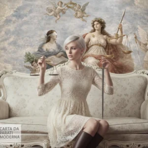 Allegoria della Giustizia Affresco digitale in un salotto con in primo piano una donna seduta sul divano che tiene in mano i simboli della giustizia, blancia e spada.