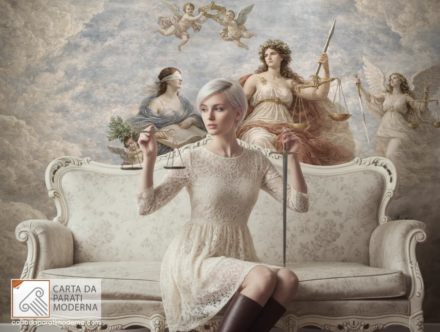 Allegoria della Giustizia Affresco digitale in un salotto con in primo piano una donna seduta sul divano che tiene in mano i simboli della giustizia, blancia e spada.