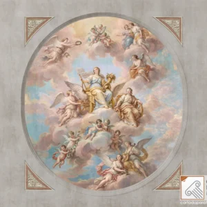 Allegoria della Fortuna Affresco digitale a soffitto su carta da parati con cornice decorativa.