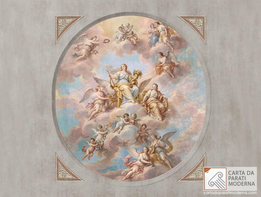 Allegoria della Fortuna Affresco digitale a soffitto su carta da parati con cornice decorativa.