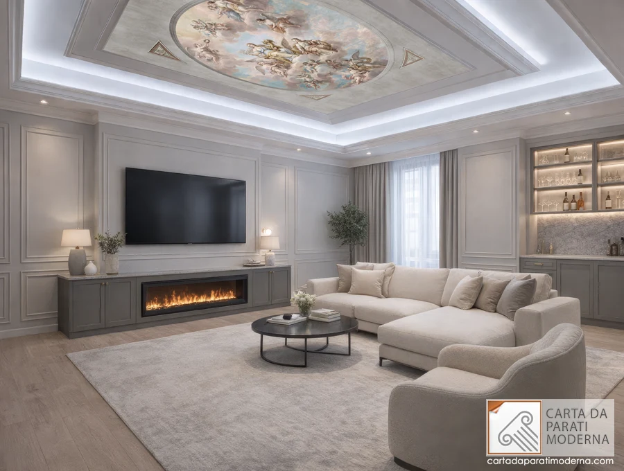 Allegoria della Fortuna Affresco digitale a soffitto, ambientazione con ambiente modernco con richiami classici.