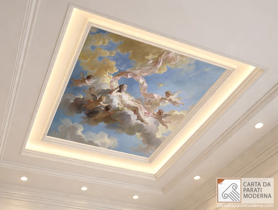 Affresco digitale da soffitto in stile barocco incorniciato da eleganti modanature e illuminazione LED.