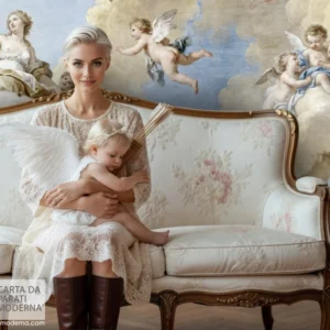 Affresco digitale in un salotto con in primo piano una donna seduta sul divano che tiene in braccio un bimba vestita da putto.