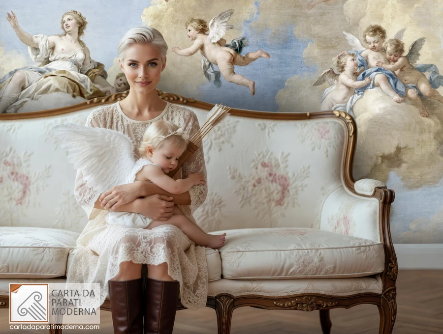 Affresco digitale in un salotto con in primo piano una donna seduta sul divano che tiene in braccio un bimba vestita da putto.