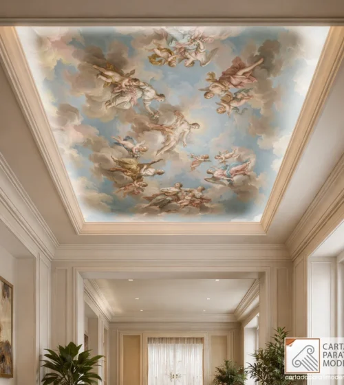 Carta da parati artistica affresco per soffitti. Ambientazione con controsoffitto luxury di estrema eleganza.