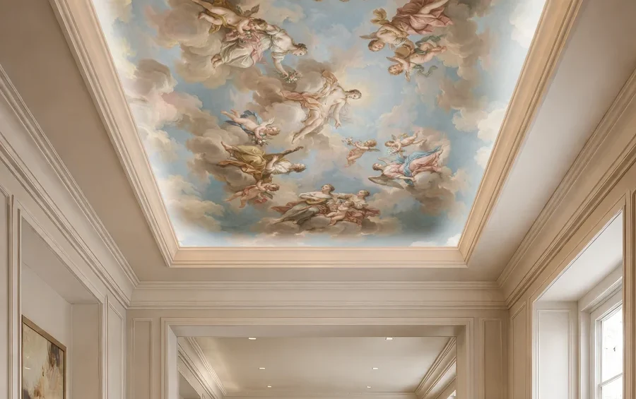 Carta da parati artistica affresco per soffitti. Ambientazione con controsoffitto luxury di estrema eleganza.