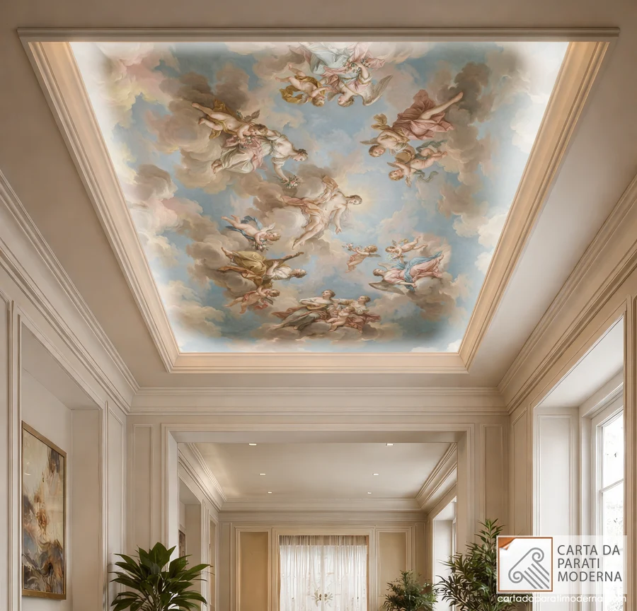 Carta da parati artistica affresco per soffitti. Ambientazione con controsoffitto luxury di estrema eleganza.