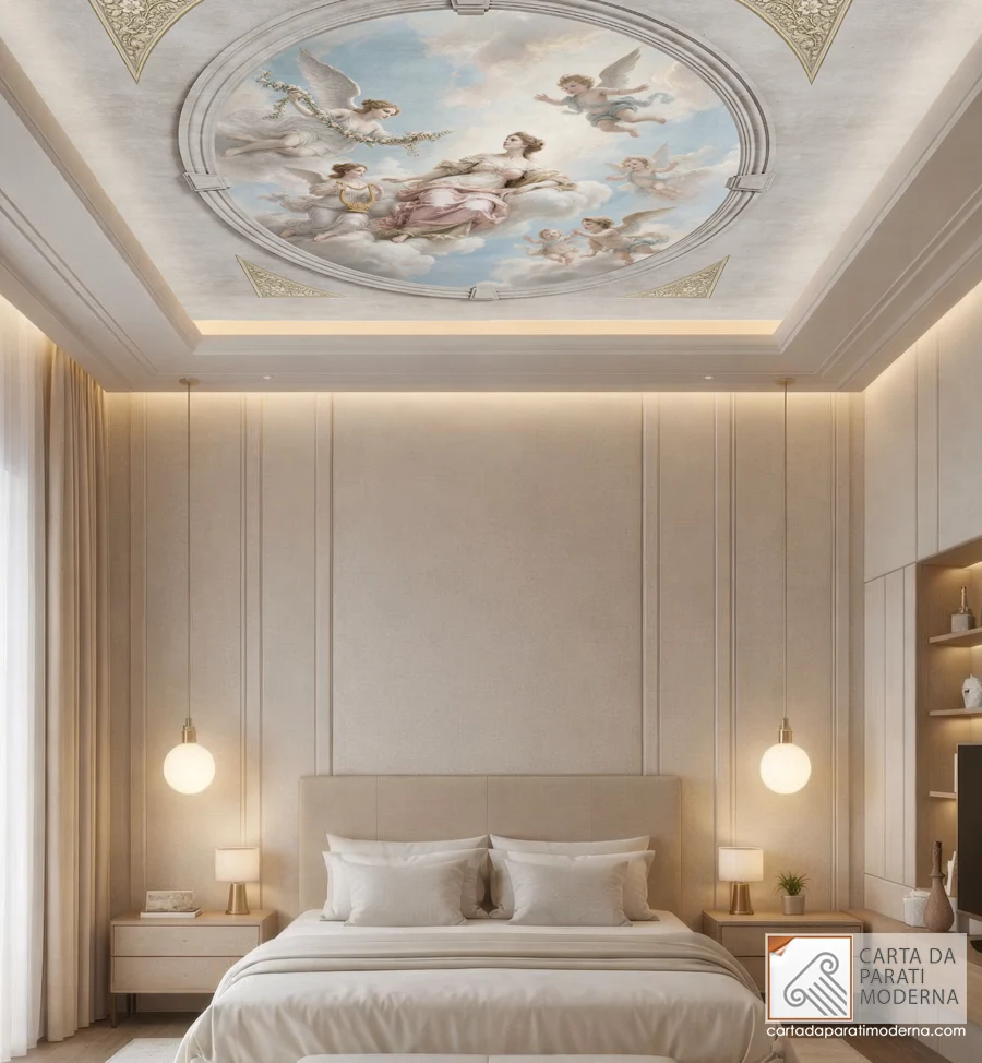 Carta da parati artistica affresco per soffitti. Ambientazione con stanza da letto luxury arredamento contemporaneo.