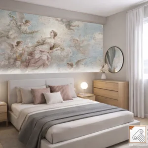 Ambientazione in una stanza da letto moderna con affresco a muro con effetto invecchiato
