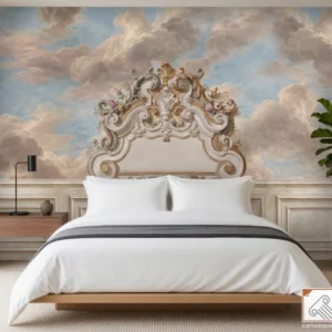 Affresco digitale decorativo con boiserie ed elemento architettonico integrato, impreziosito da un cielo scenografico sullo sfondo, progettato per valorizzare la parete dietro la testata del letto.