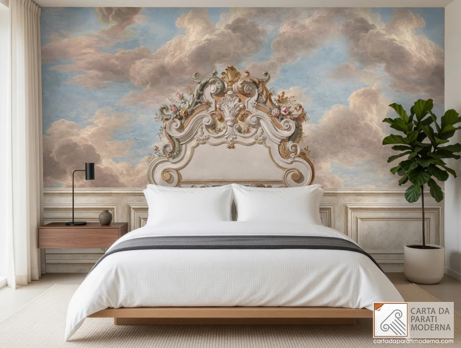 Affresco digitale decorativo con boiserie ed elemento architettonico integrato, impreziosito da un cielo scenografico sullo sfondo, progettato per valorizzare la parete dietro la testata del letto.