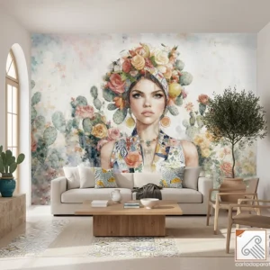 illustrazione ad acquerello su carta da parati di giovane donna con corona di fiori ambientato in una casa dello stile mediterraneo.