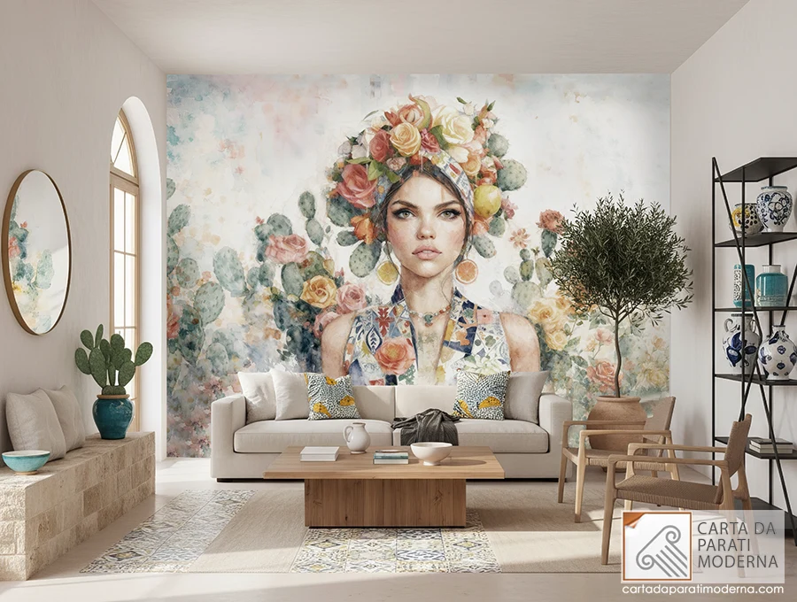 illustrazione ad acquerello su carta da parati di giovane donna con corona di fiori ambientato in una casa dello stile mediterraneo.