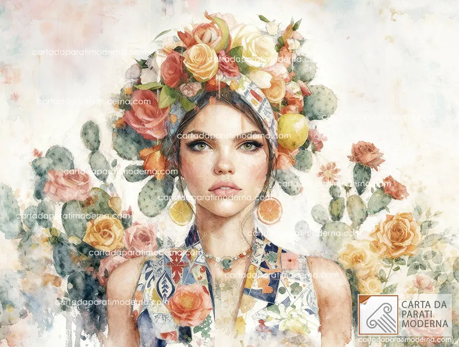 illustrazione ad acquerello su carta da parati di giovane donna con corona di fiori e agrumi, immersa in un’atmosfera delicata e botanica dallo stile acquerello moderno.