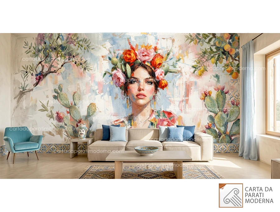 Murales di una bellissima donna in stile acquerello, immerso in un’atmosfera mediterranea con un arredamento moderno.