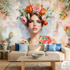 Murales di una bellissima donna in stile acquerello, immerso in un’atmosfera mediterranea con un arredamento moderno.