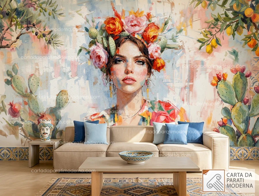 Murales di una bellissima donna in stile acquerello, immerso in un’atmosfera mediterranea con un arredamento moderno.