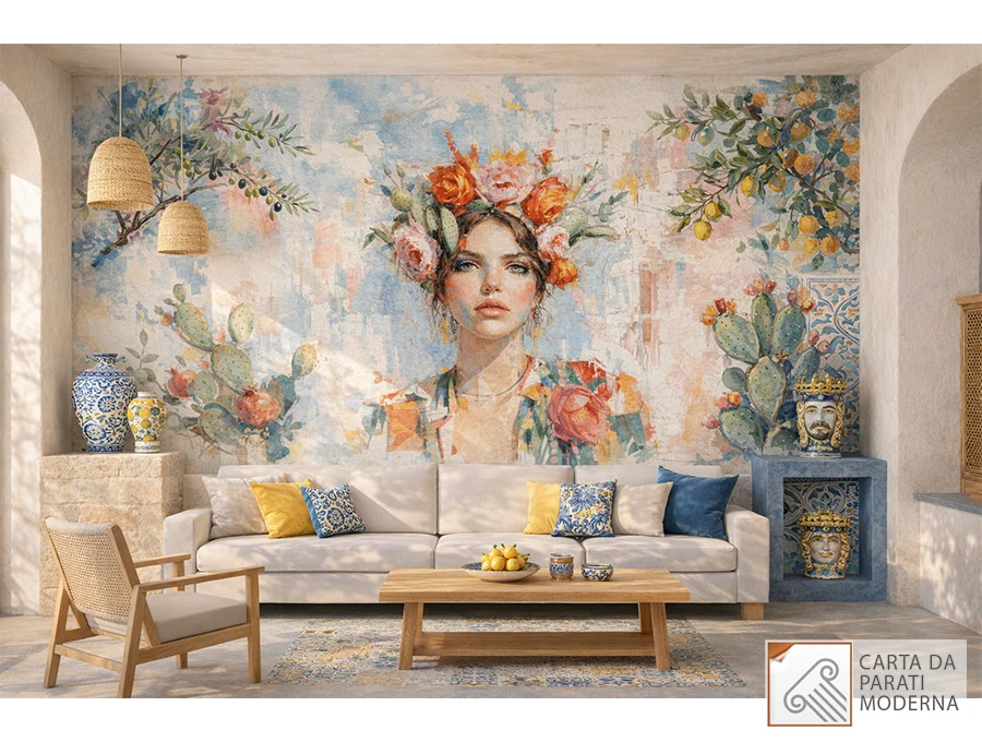 Murales di una bellissima donna in stile acquerello, immerso in un’atmosfera mediterranea.