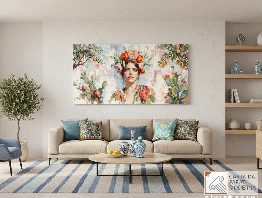 ritratto di donna ispirato alle teste di moro siciliane acqurerello mediterraneo stampato su tela.