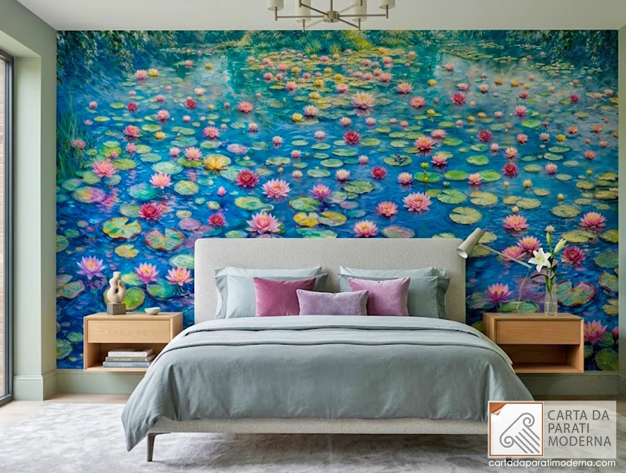 Carta da Parati Ninfee stile Monet – Murale Acqua e Fiori su Misura W-008